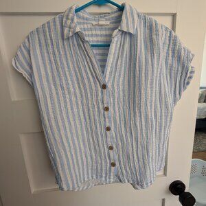 100% Cotton Gauze Blue White Striped Button Up Short Sleeve Shirt Small